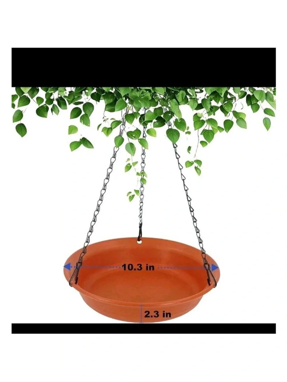 Hanging Terracotta look bird bath or FEEDER plastic bowl with black chains
